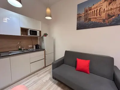 a living room with a gray couch with a red pillow at Old Town Apartments B14 in Kraków