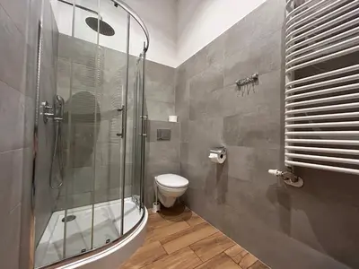 a bathroom with a shower and a toilet at Old Town Apartments B14 in Kraków