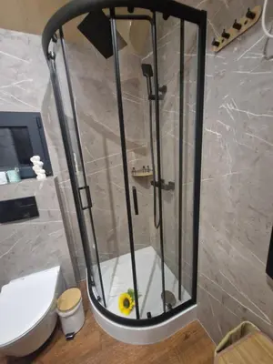 a shower stall in a bathroom with a toilet and a flower at Słoneczny Brzeg Ekskluzywne domki z jacuzzi in Tęgoborze
