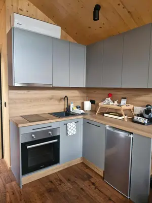 a kitchen with stainless steel appliances and wooden ceilings at Słoneczny Brzeg Ekskluzywne domki z jacuzzi in Tęgoborze