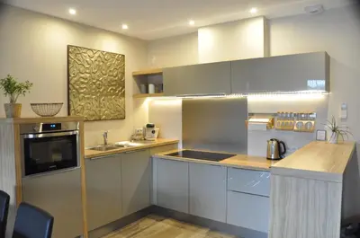 a kitchen with stainless steel appliances and a counter at Holiday Apartments Browar Lubicz Krakow Stare Miasto in Kraków