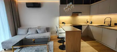 a living room with a couch and a kitchen at DArt Apartments in Tomice