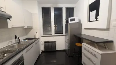 a white kitchen with a refrigerator and a sink at KrakowApart Dietla in Kraków