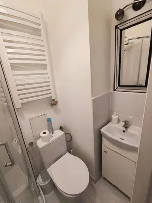 a small bathroom with a toilet and a sink at Daniel Apart Hotel Krakow Central in Kraków