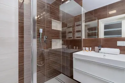 a bathroom with a shower and a white sink at Spacious Studio Zabłocie with Balcony Krakow in Kraków