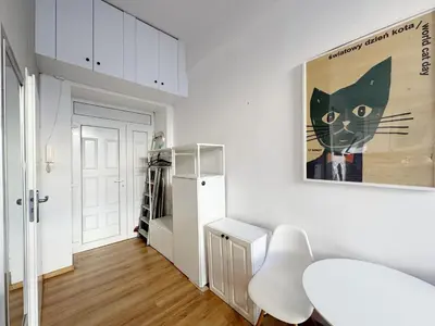 a white kitchen with a black cat picture on the wall at Pstrak zyblikiewicza in Kraków