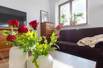 a living room with red roses in a white vase at ANTA Salt Mine in Wieliczka