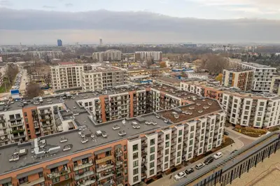 an aerial view of a city with buildings at Kraków Podgórze Apt - Parking, Balcony - by Rentujemy in Kraków