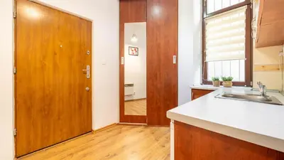 a kitchen with a sink and a wooden door at Old Anser City in Kraków