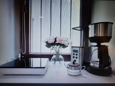 a kitchen counter with a vase of flowers in a window at Old Anser City in Kraków
