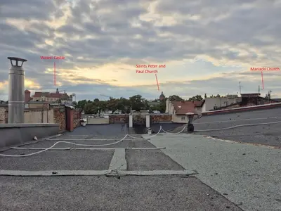 arial view of a parking lot in a city at The Hidden Echo Studio Kazimierz, #Netflix # AC# in Kraków