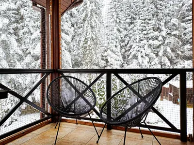 a chair in front of a window with snow covered trees at Zwierzogród in Rabka