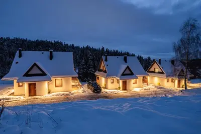 a group of houses in the snow at night at Burnosówka in Nowy Targ