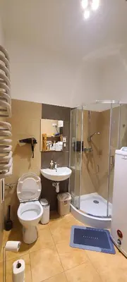 a bathroom with a shower and a toilet and a sink at Centrally located cozy apartment in Kraków