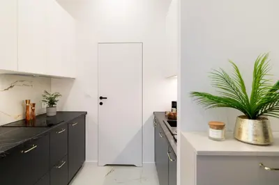 a kitchen with black cabinets and a potted plant at Malila Premium Apartments Estery Boutique in Kraków