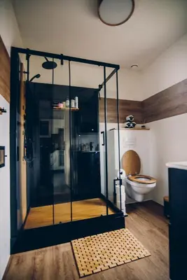 a glass shower in a bathroom with a toilet at Zacisze Krzeszów in Krzeszów
