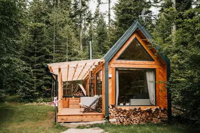 a cabin in the woods with a large window at Tiny house nad potokiem in Ohłypów