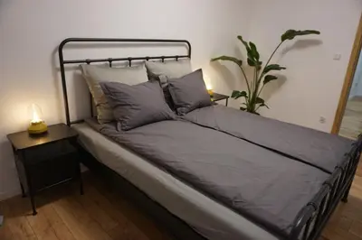 a bed in a room with a lamp and a plant at VIP Apartments Victoria in Wieliczka