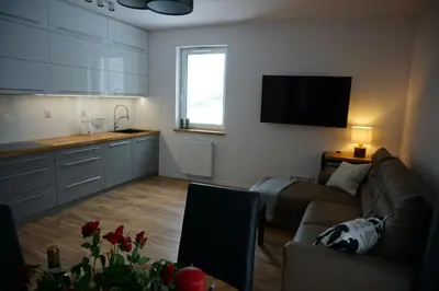 a living room with a couch and a kitchen at VIP Apartments Victoria in Wieliczka