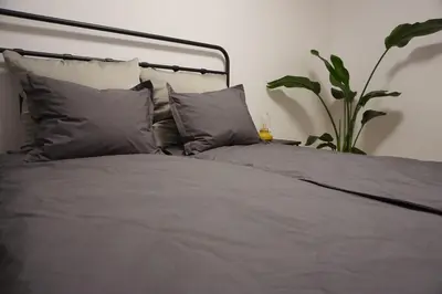 a bed with gray pillows and a plant in a room at VIP Apartments Victoria in Wieliczka