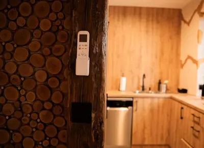 a remote control on a wooden pole in a kitchen at Domki Natura Zator in Graboszyce