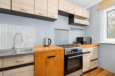 a small kitchen with a stove and a sink at Cozy Apartment with Balcony in Cracow by Noclegi Renters in Kraków