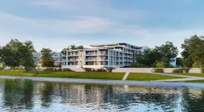 a rendering of a building next to a body of water at Wawel Riverside Apartment free Parking in Kraków