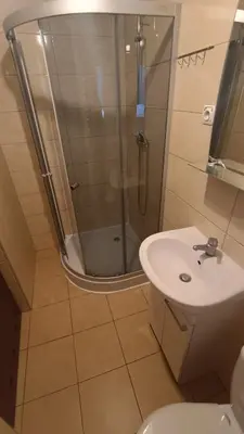 a bathroom with a shower and a toilet and a sink at Noclegi pod Sosnowym Drzewem in Pieskowa Skała