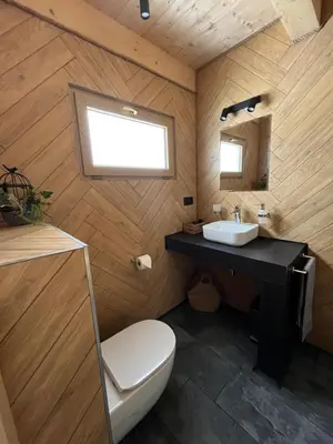 a bathroom with a white toilet and a sink at Domki na granicy - Kurów in Kurów
