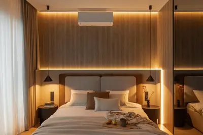 a bedroom with a large bed with lights on it at Sunset Balcony City Center Free Parking in Kraków