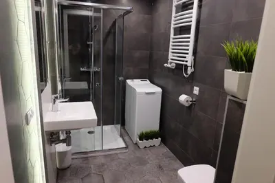 a bathroom with a toilet and a sink and a shower at Apartament Elementos in Kraków