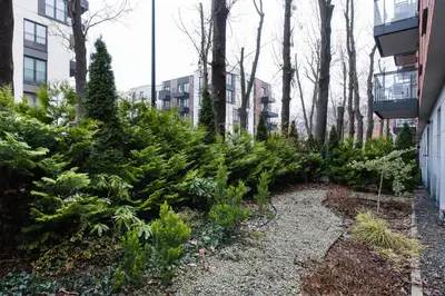 a garden of christmas trees and plants on a street at Krakowiak Apartment 89 in Kraków