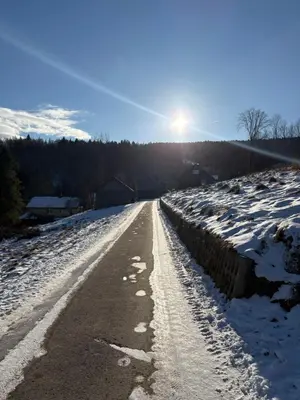 a stream in the woods with snow on the ground at Dom w górach Zacisze lasu in Sucha Beskidzka