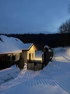 a snow covered field with trees and mountains in the background at Dom w górach Zacisze lasu in Sucha Beskidzka