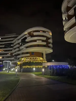 a building with a christmas tree in front of it at night at Apartament Wiślane Tarasy in Kraków