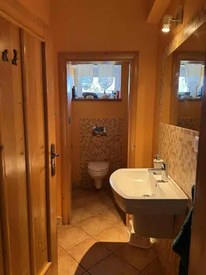 a bathroom with a sink and a toilet at Willa pod Leskowcem - agroturystyka - pokoje pod wynajem in Jaszczurowa