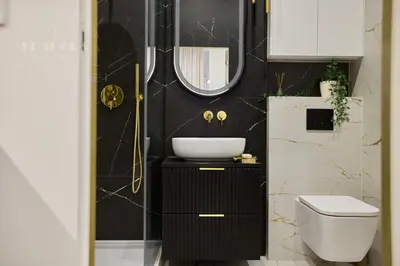 a black bathroom with a sink and a toilet at Astor Residence - Fragola Apartments in Kraków