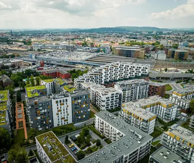 an aerial view of a city with tall buildings at Apartamenty w centrum Krakowa, parking w cenie in Kraków