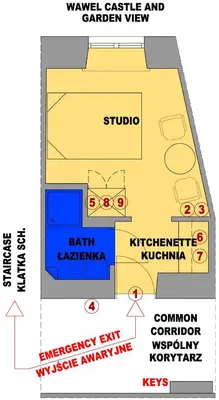 a schematic diagram of a garden view at Arras Studio with Wawel Castle view, WiFi in Kraków
