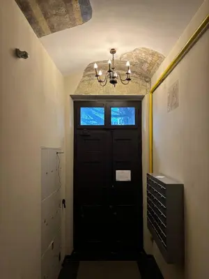 a room with a black door with a window and a chandelier at Cozy Studio near Central Station Krakow in Kraków