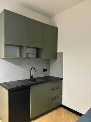a kitchen with green cabinets and a sink at Cozy Studio near Central Station Krakow in Kraków