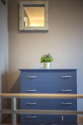 a blue dresser with a potted plant on top of it at 4Friends&4Couples in Kraków