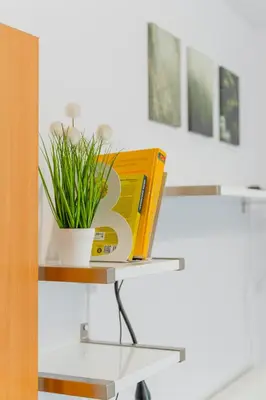 a book sitting on a glass table with a plant at Kraków Huculska Apt - Balcony, Workspace - by Rentujemy in Kraków