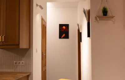 a refrigerator in a kitchen with a picture on the wall at Soniya's Castle View Apartment in Kraków