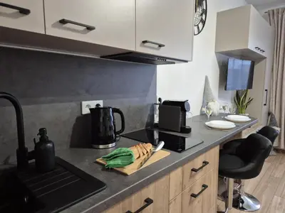 a kitchen with a sink and a stove top oven at Kobierzyńska Apartments in Kraków