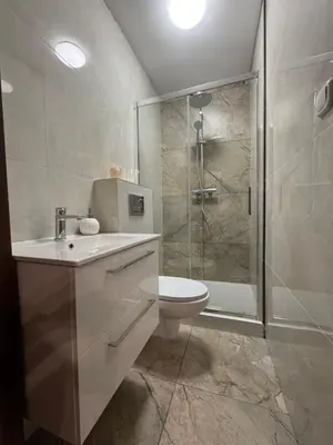 a bathroom with a toilet and a shower at AMBER PENSJONAT LOTNISKO PARKINg