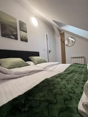 a bedroom with a large bed with a green carpet at MICKIEWICZ HOUSE Apartamenty in Wadowice