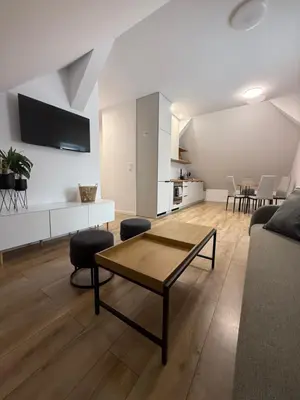 a living room with a coffee table and a kitchen at MICKIEWICZ HOUSE Apartamenty in Wadowice