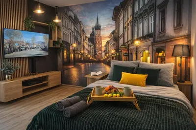 a living room with a red couch and a wall mural at Central Station Apartaments in Kraków