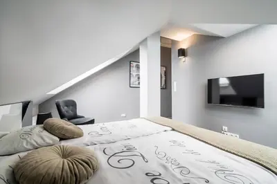 a bedroom with a bed with a television and a bed sidx sidx sidx at Krzyża Residence in Kraków